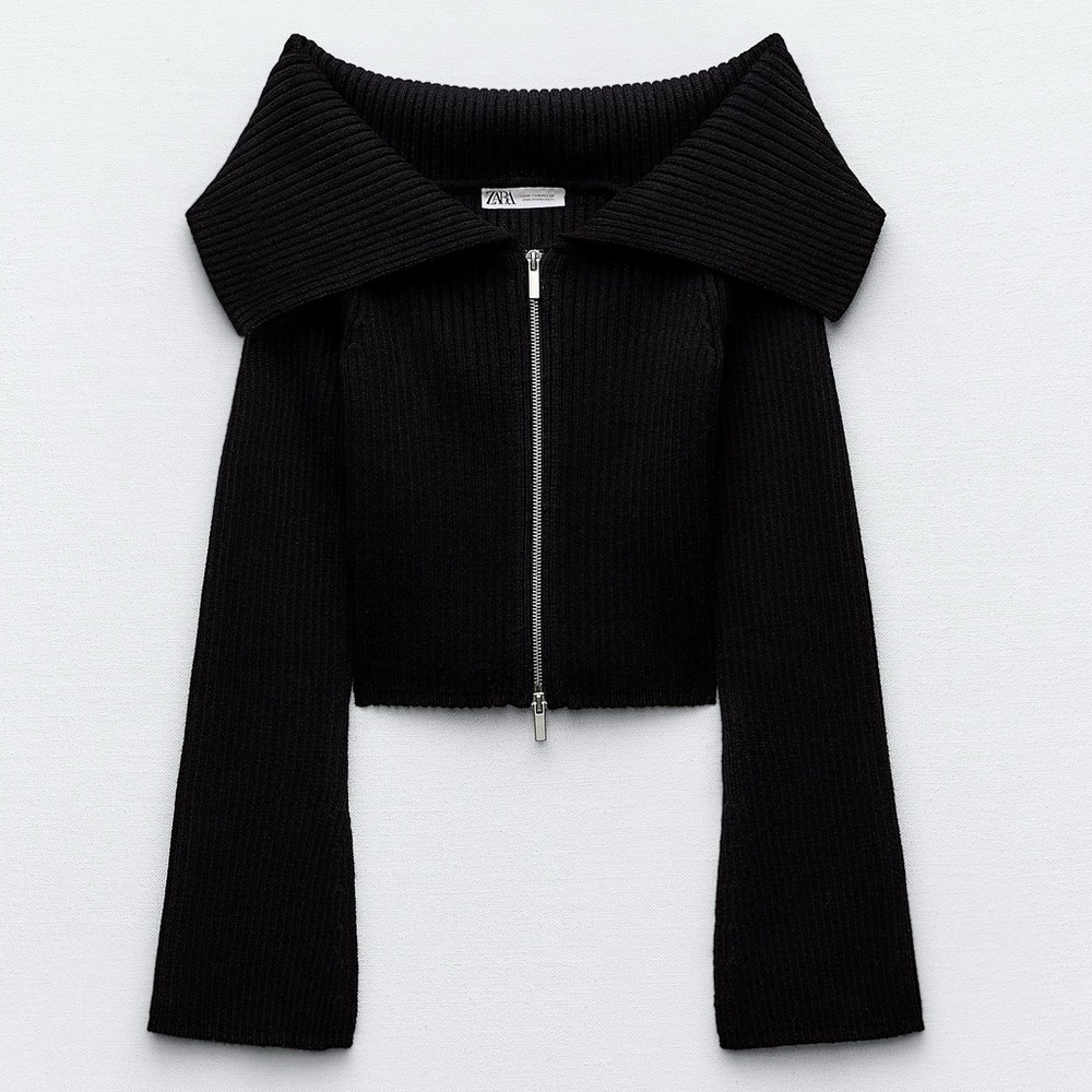 ZARA Off-Shoulder Ribbed Knit Zip Sweater - Picture 2 of 3